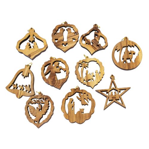 Handmade Olive Wood Christmas Ornaments Set of 10 – Holy Land Christian Tree Decorations