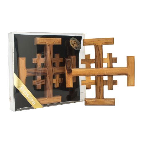 Handmade Jerusalem Five-Fold Cross in Olive Wood | Holy Land Christian Symbol 3.2 Inch